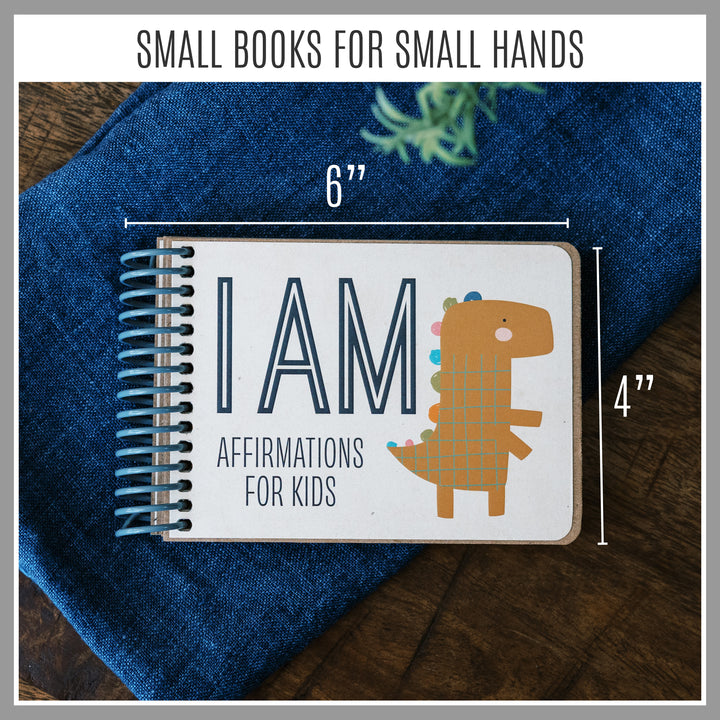 Non-personalized Dinosaur I AM affirmation book for ages 4–7 measuring approximately 6 by 4 inches.