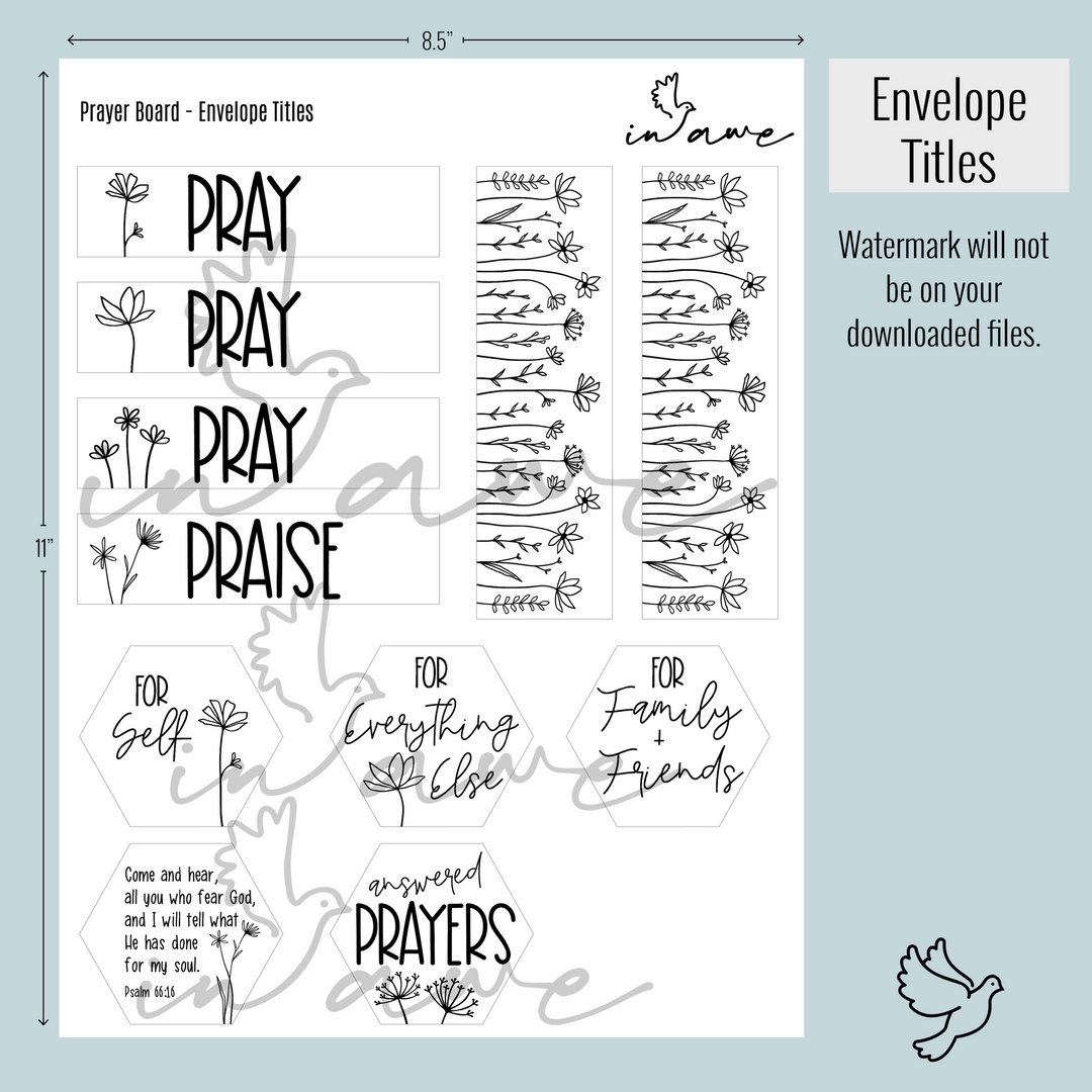 Envelope titles for our prayer board ideas along with wildflower graphics.
