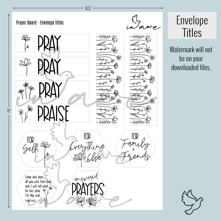 Envelope titles for our prayer board ideas along with wildflower graphics.