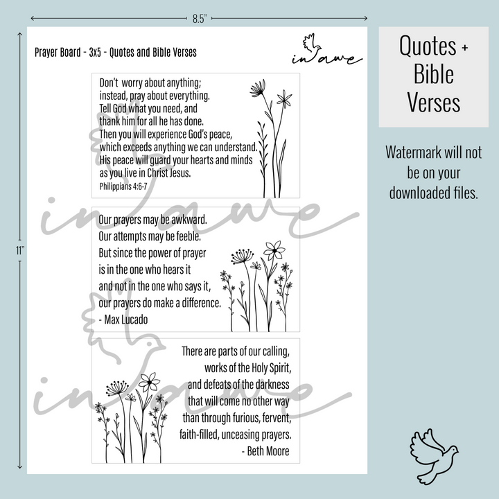 Digital prayer board printable includes Christian quotes about prayer and well-known Bible verses. 