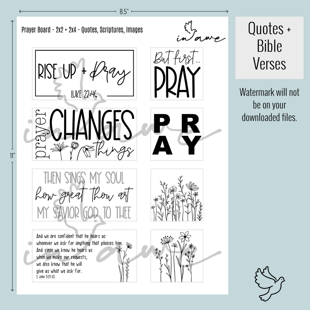 Our digital prayer board kit includes Bible verses, Christian quotes and wildflower graphics.
