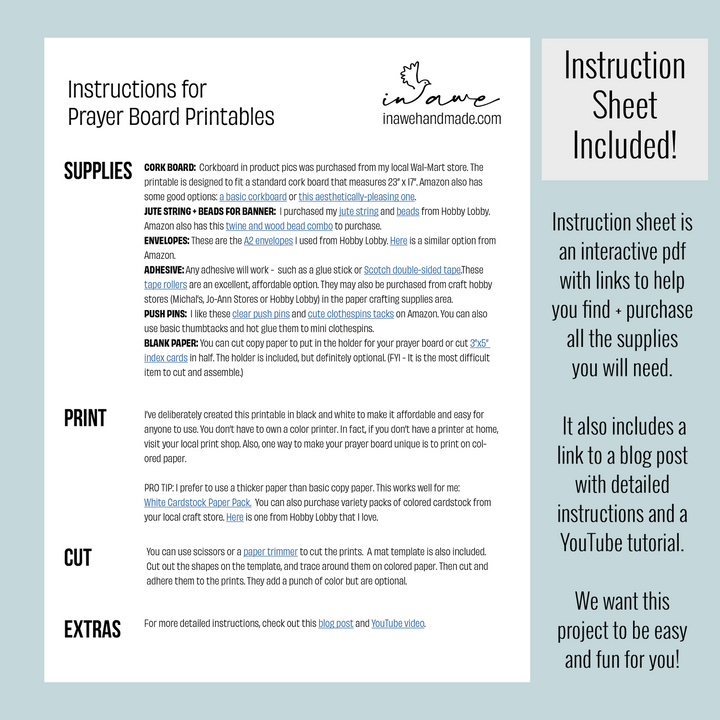 Our prayer board printables always come with a detailed instruction sheet.
