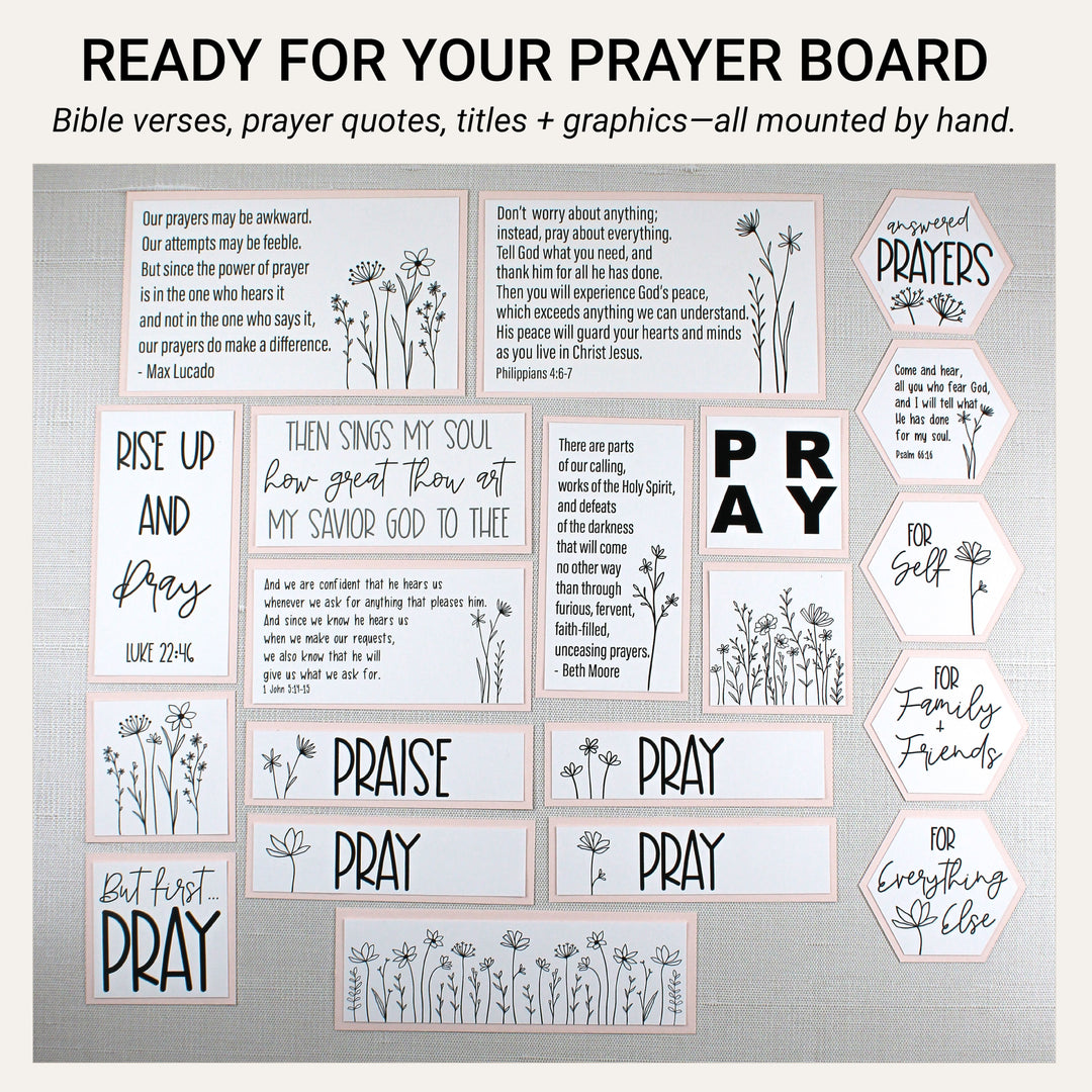 20 matted prayer board pieces with Bible verses, prayer quotes, titles and Wildflower graphics on blush pink cardstock.