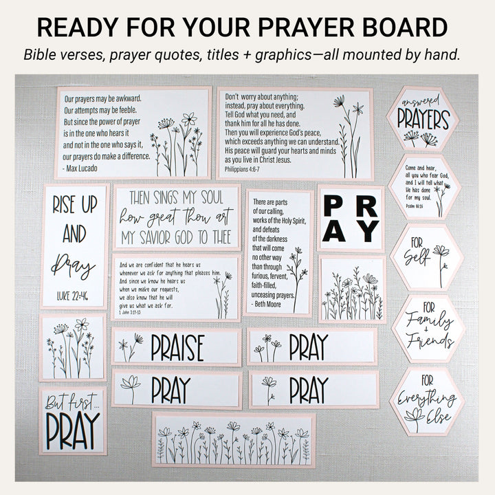 20 matted prayer board pieces with Bible verses, prayer quotes, titles and Wildflower graphics on blush pink cardstock.