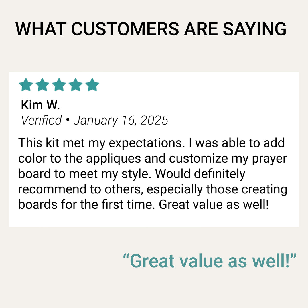 Verified customer review recommending the prayer board kit for first-time prayer board makers and calling it a great value.