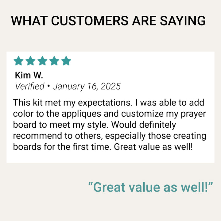 Verified customer review recommending the prayer board kit for first-time prayer board makers and calling it a great value.