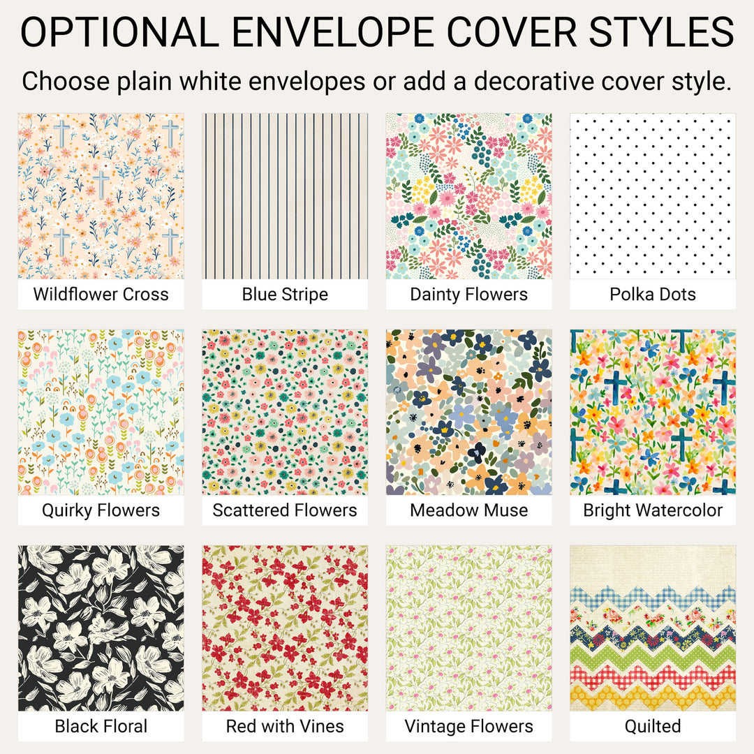 Patterned envelope cover options for the DIY prayer board kit including floral, stripe and cross designs.