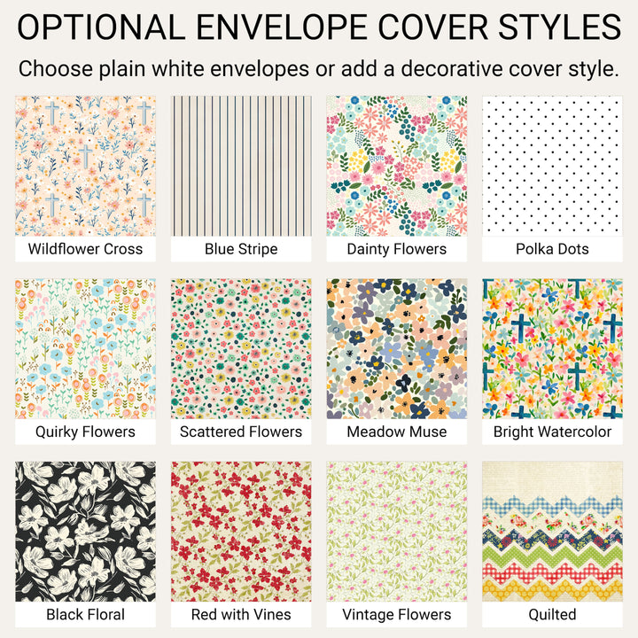 Patterned envelope cover options for the DIY prayer board kit including floral, stripe and cross designs.
