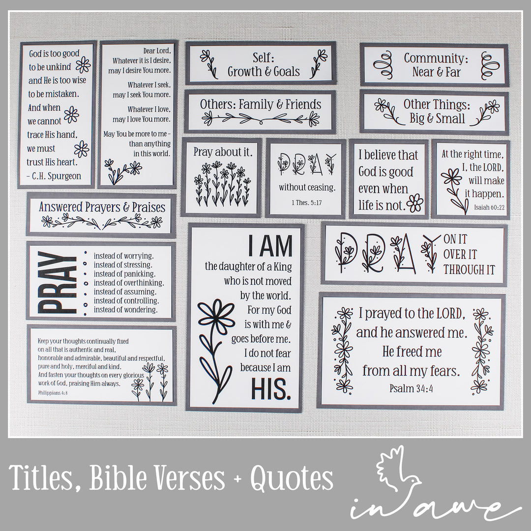 DIY Daisy Prayer Board Kit with envelope categories, Bible verses and Christian quotes about prayer.