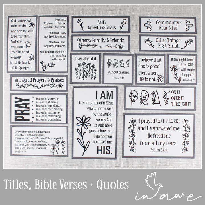 DIY Daisy Prayer Board Kit with envelope categories, Bible verses and Christian quotes about prayer.