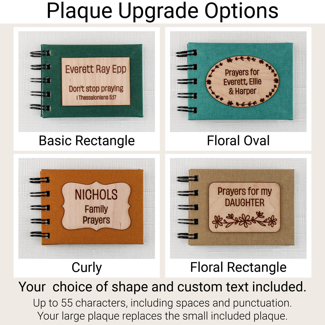 Four wood plaque upgrades: Basic Rectangle, Floral Oval, Curly and Floral Rectangle. Custom text includes up to 55 characters, including spaces and punctuation.