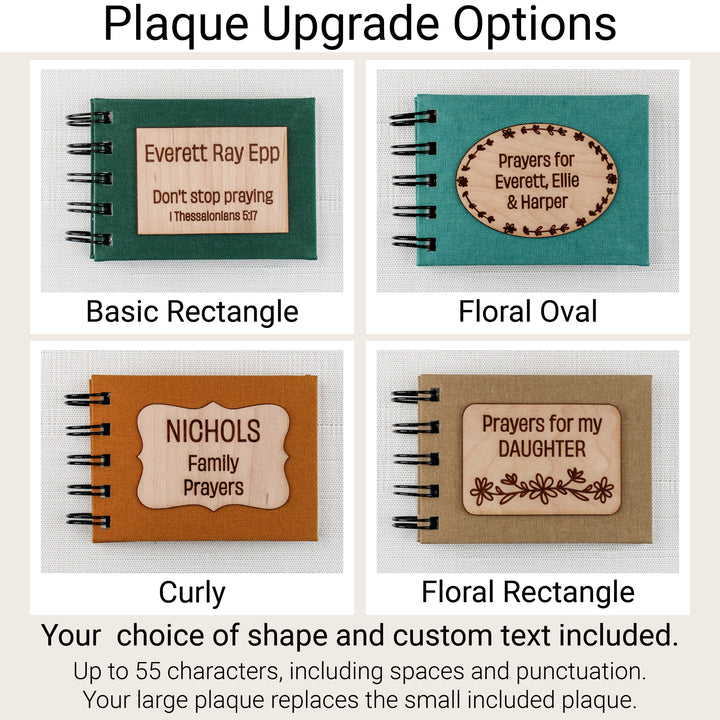 Four wood plaque upgrades: Basic Rectangle, Floral Oval, Curly and Floral Rectangle. Custom text includes up to 55 characters, including spaces and punctuation.