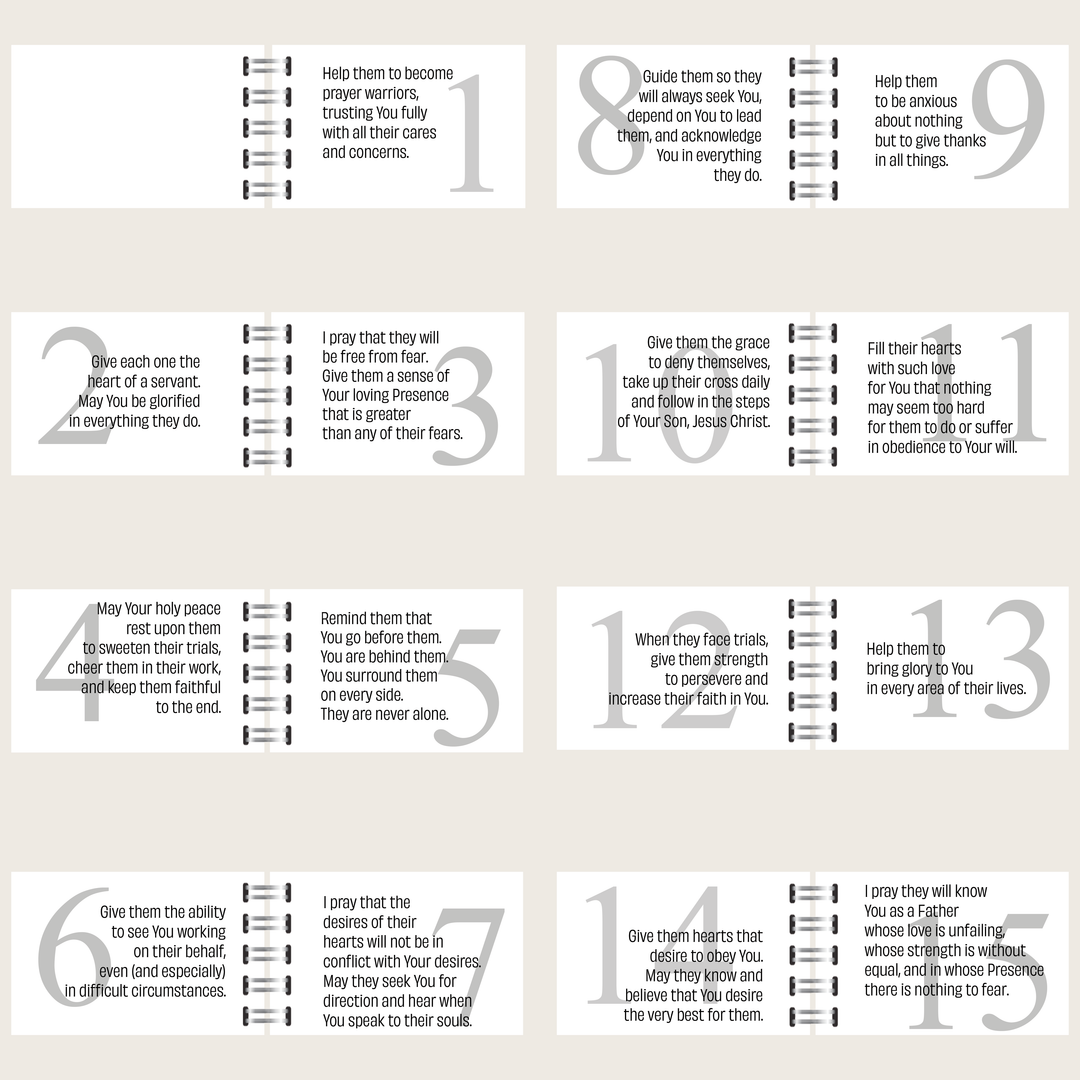 Prayers 1–15 from the prayer book for loved ones, using them and their to pray for multiple people.