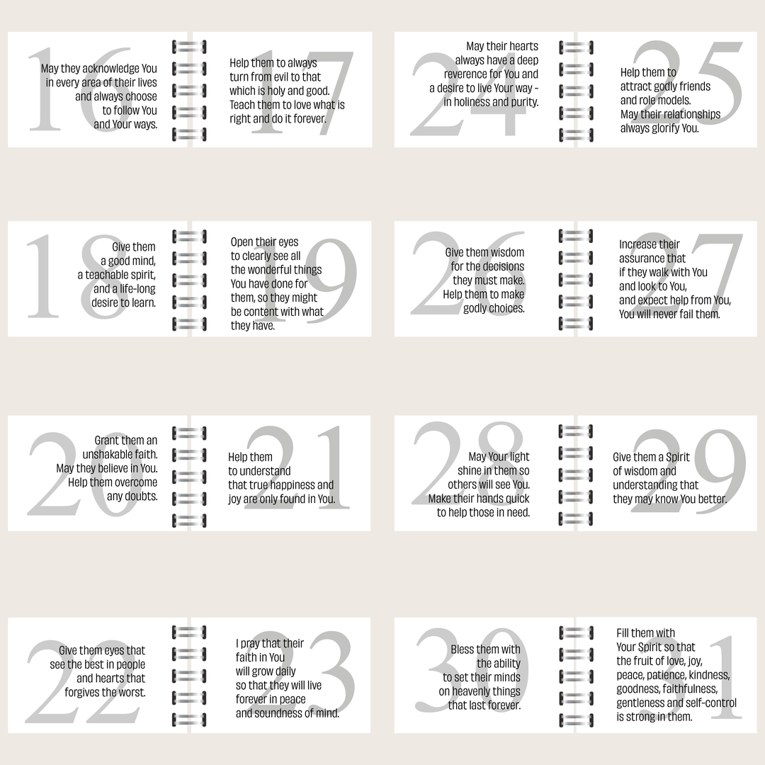 Prayers 16–31 from the prayer book for loved ones, covering faith, forgiveness, wisdom and serving others.