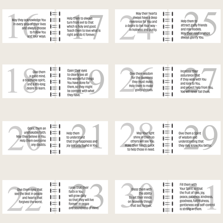 Prayers 16–31 from the prayer book for loved ones, covering faith, forgiveness, wisdom and serving others.