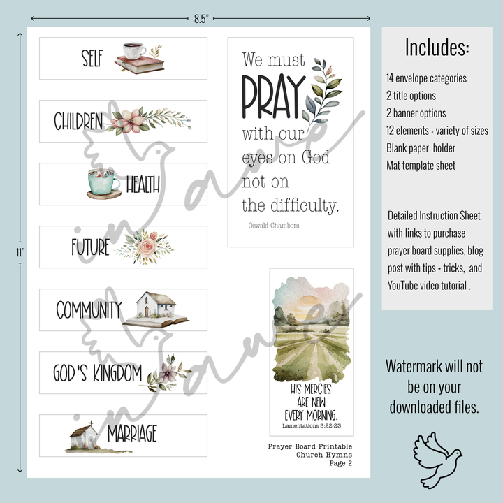 DIY Christian Craft: prayer board with variety of categories and church hymn lyrics.
