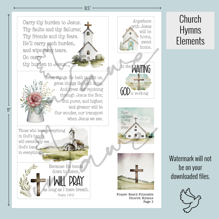 DIY Christian Craft: prayer board with variety of categories and classic church hymn lyrics.