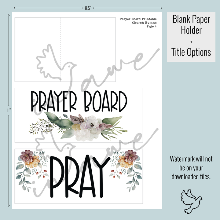 DIY Christian Craft: Church Hymn Prayer Board Printable with prayer request card holder and 2 styles of prayer board titles.
