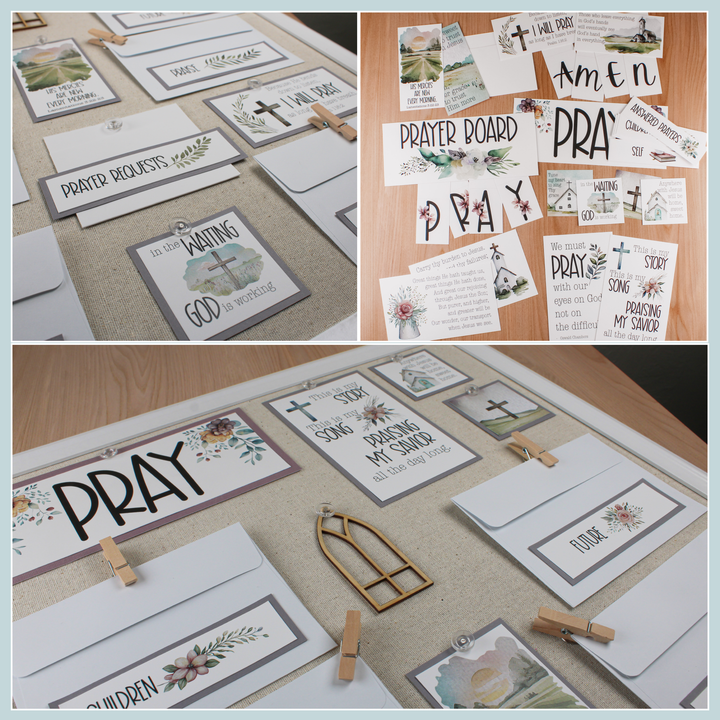 DIY Christian Craft: Church Hymn Prayer Board Printable, close up pictures of elements, Bible verses, church hymn lyrics and banners.