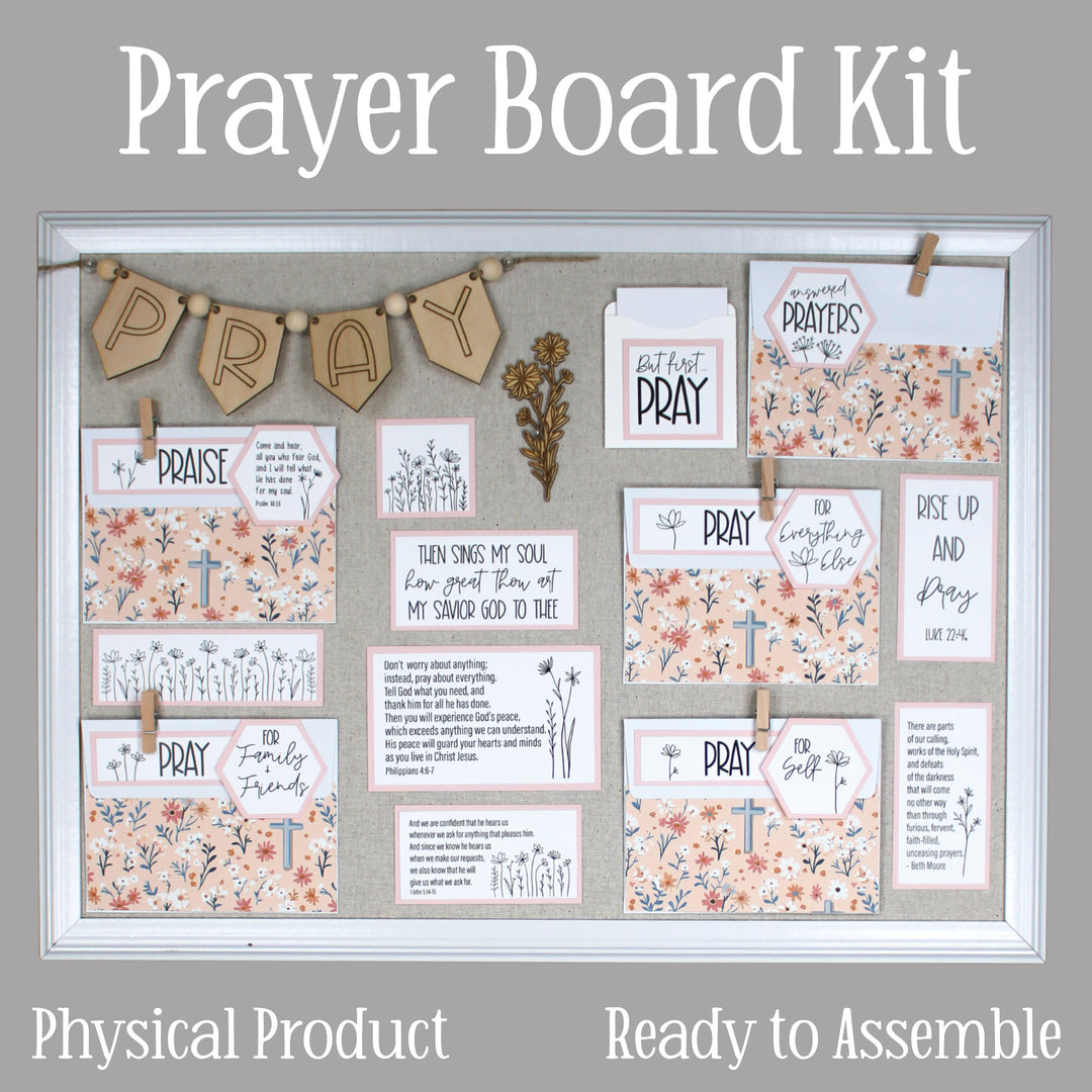 Pink prayer board kit shipped to you ready to assemble with envelopes, wildflower graphics and wood banner.