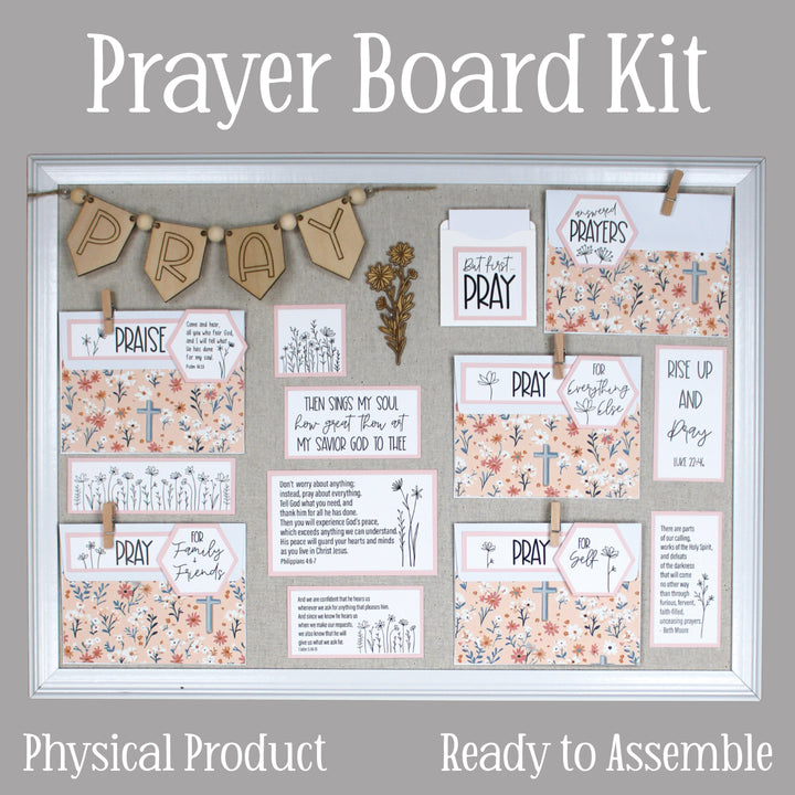 Pink prayer board kit shipped to you ready to assemble with envelopes, wildflower graphics and wood banner.