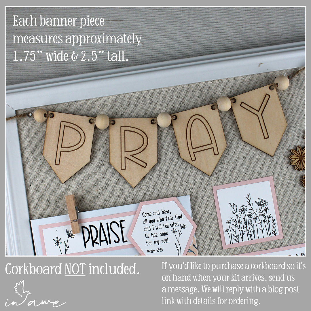 DIY Prayer Board Kit for your prayer room features a laser-engraved PRAY banner with wood beads and jute string.