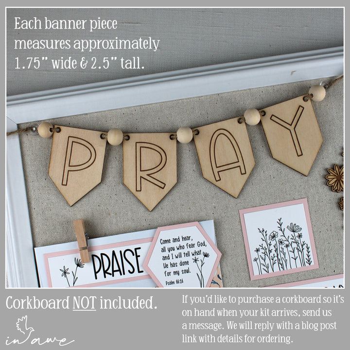 DIY Prayer Board Kit for your prayer room features a laser-engraved PRAY banner with wood beads and jute string.
