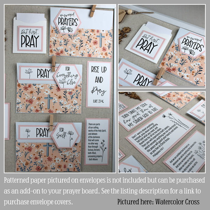 Prayer board for home prayer room with blush pink accents and wildflowers.