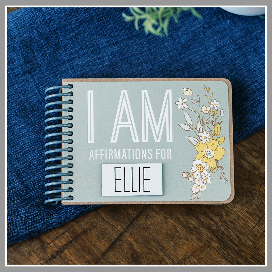 Personalized Green Floral affirmation book for kids with laser-engraved nameplate reading ELLIE.