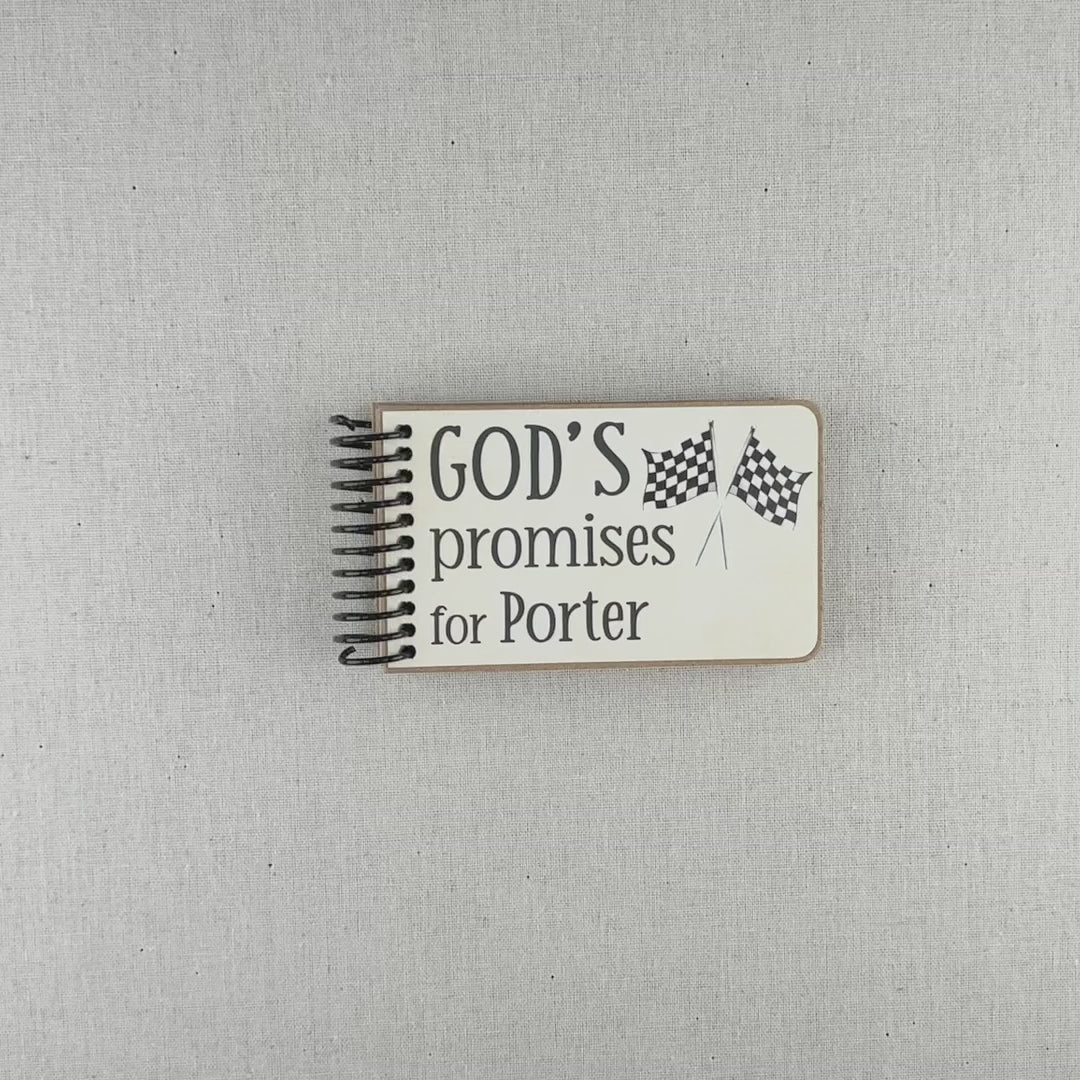 Product video of God's Promise book with Bible verses for kids in race car theme.
