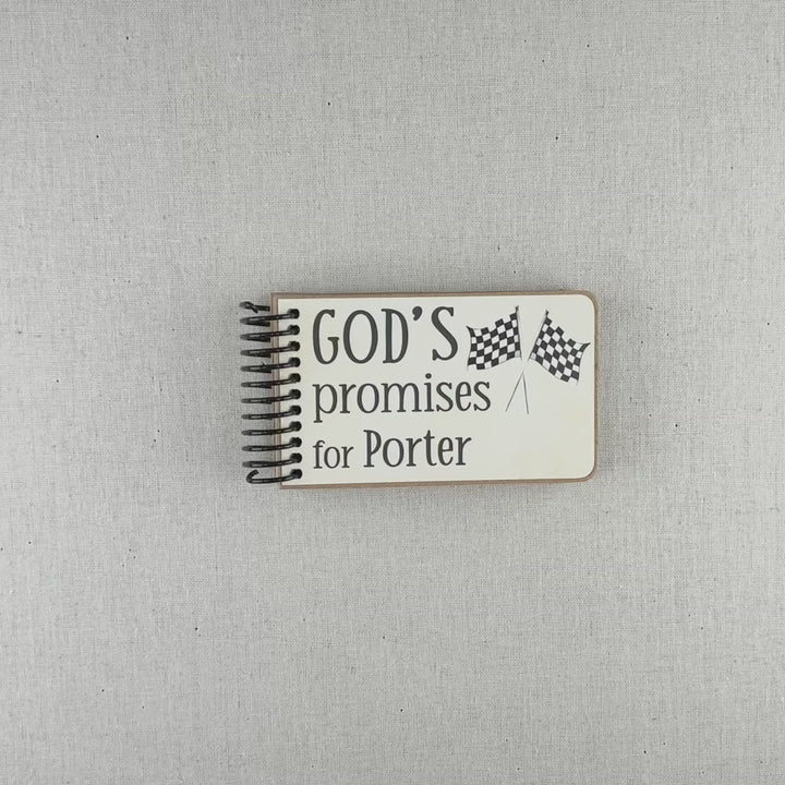 Product video of God's Promise book with Bible verses for kids in race car theme.
