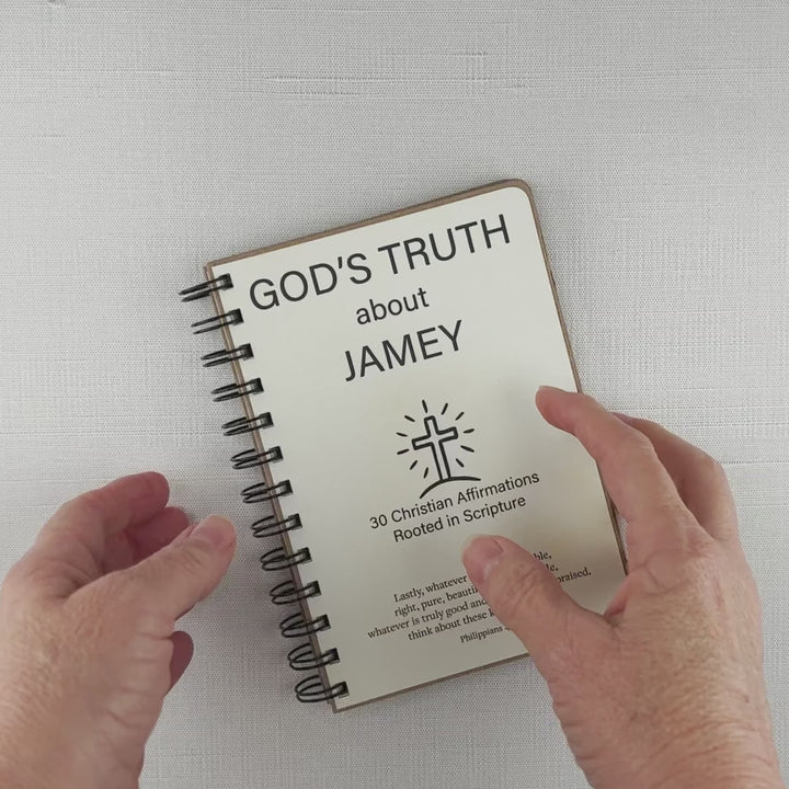 Video flip-through of a personalized Christian affirmation book in the Icons style featuring 30 biblical affirmations rooted in Scripture for teens and adults.
