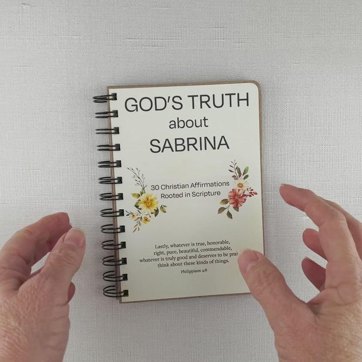 Video flip-through of a personalized Christian affirmation book in the Wildflowers style featuring 30 biblical affirmations rooted in Scripture for teens and adults.