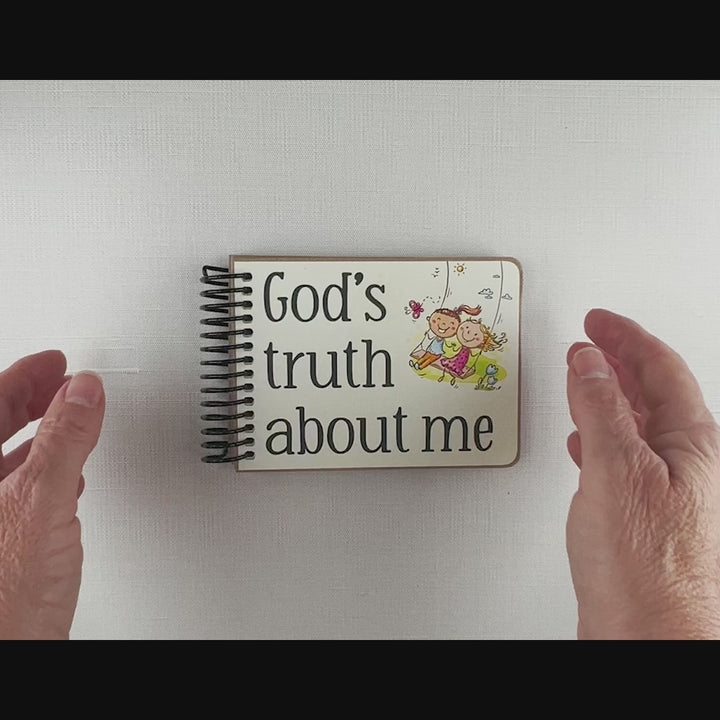 Video flip-through of God's Truth About Me, a Christian book for kids featuring Bible affirmations, Scripture, and colorful illustrations.