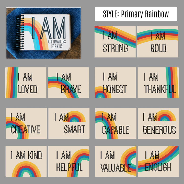 Rainbow I AM affirmation book showing 14 positive affirmations for kids with matching primary rainbow illustrations.