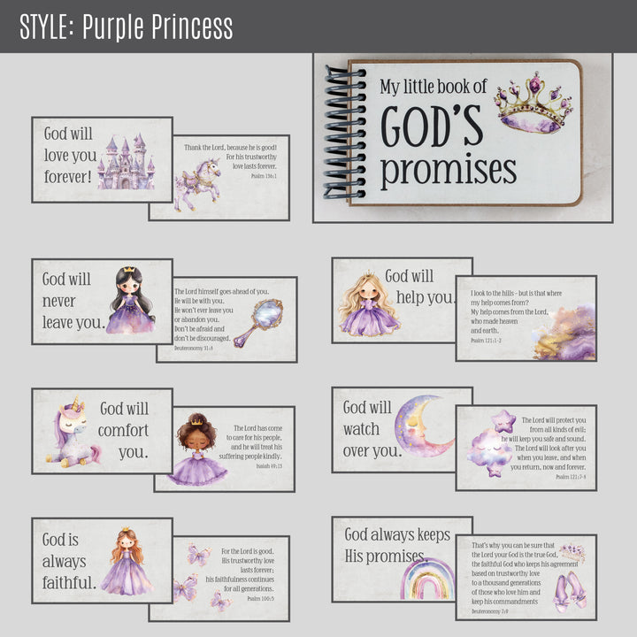 Gods promises and scriptures for children with gray background and purple princess graphics.