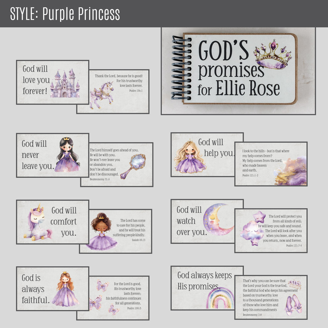 7 promises of God with Bible verse tex and graphics for purple princess style.