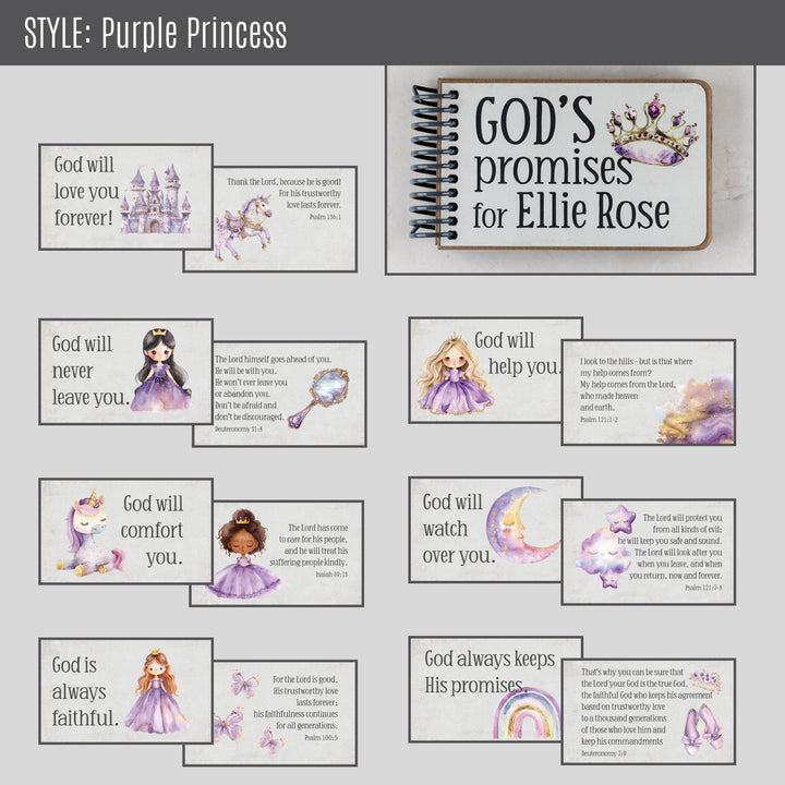 7 promises of God with Bible verse tex and graphics for purple princess style.