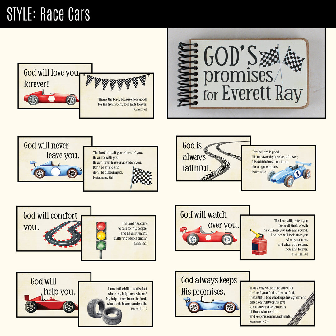 7 promises of God with Bible verses for toddlers in kids race car theme.