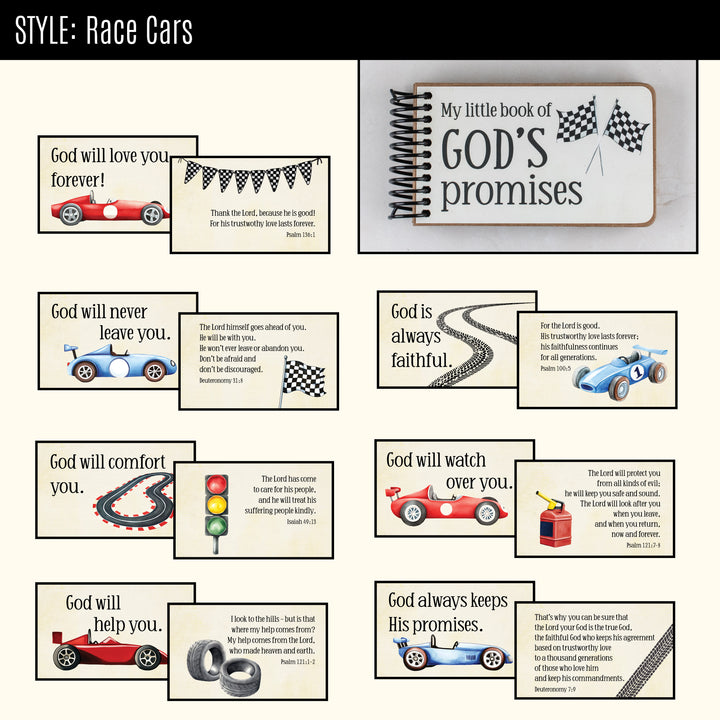 7 promises of God and Bible verses for kids in kids race car theme.