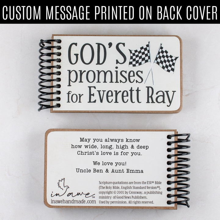 Personalized God's promise book in race car theme with custom message printed on the back cover.