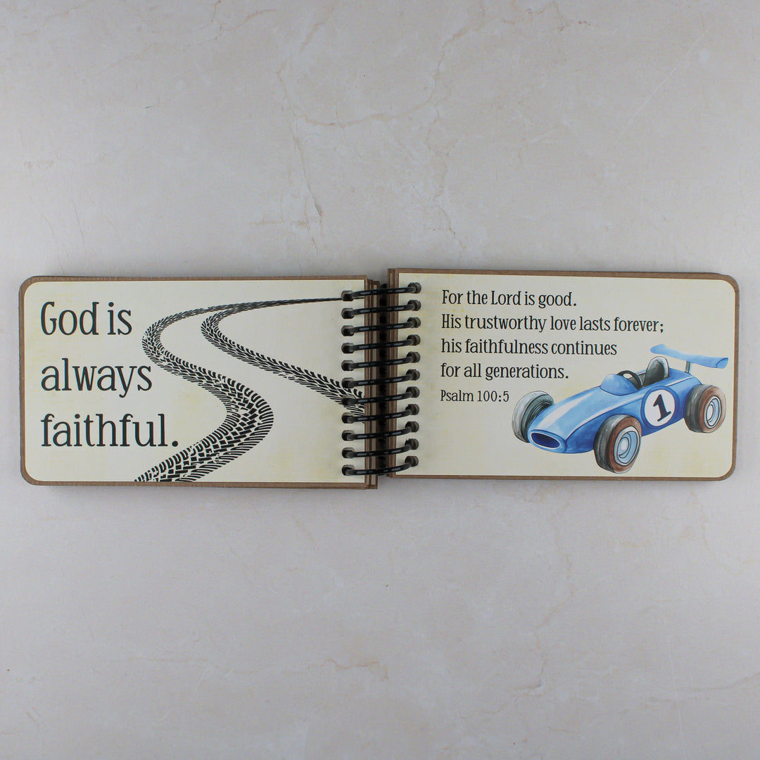 Tire tracks beside promise "God is always faithful" and blue car next to Psalm 100:5