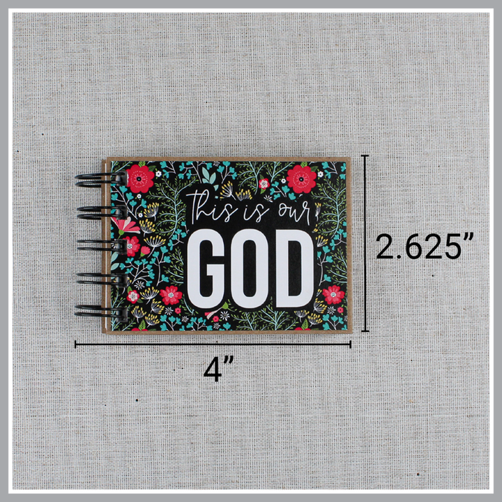 Dimensions of God's attribute book with a black background and bright florals. This small, spiral bound book is 4" wide and 2.625" tall.