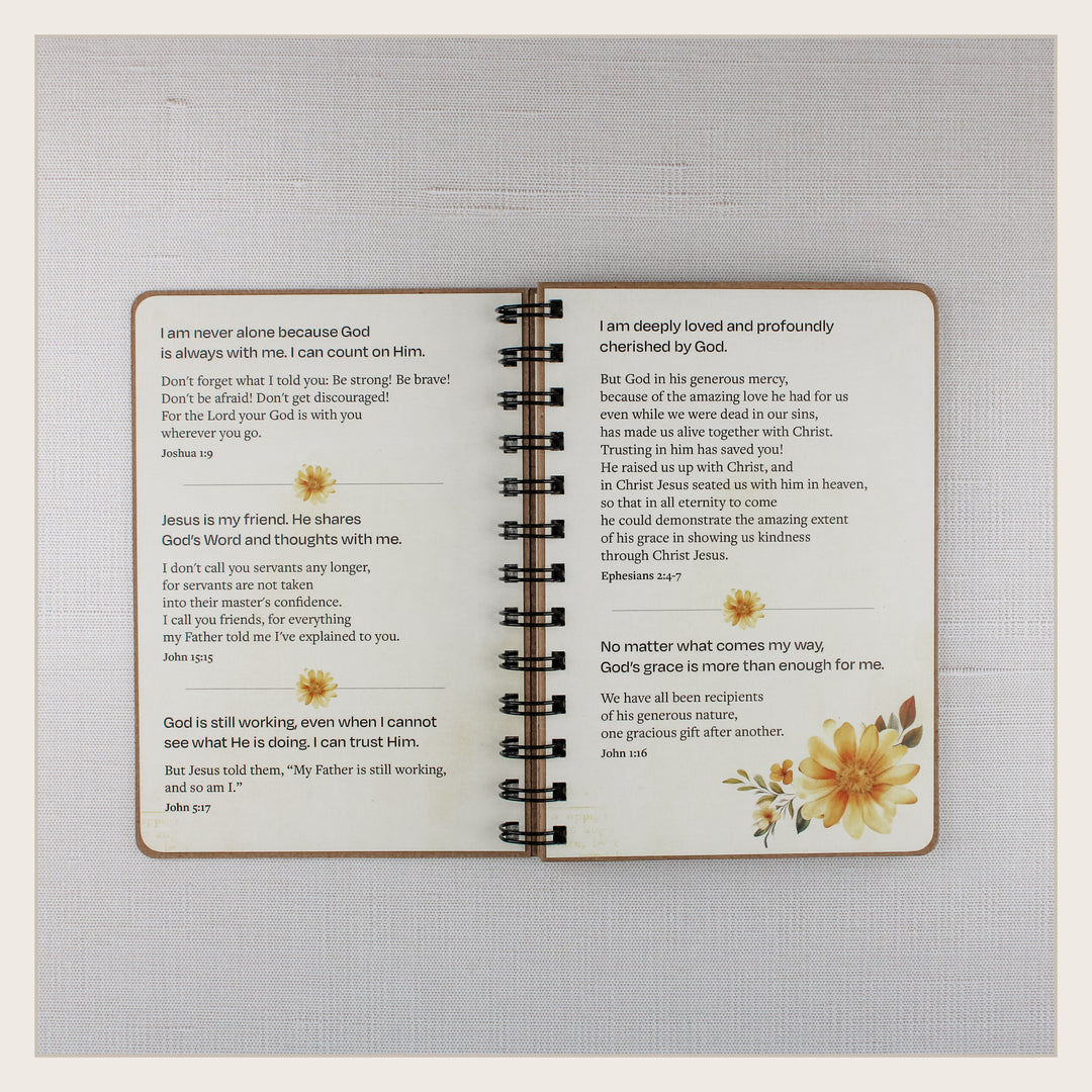 Open Christian affirmation book with Scripture about God’s presence, love, grace, friendship, and faithfulness.