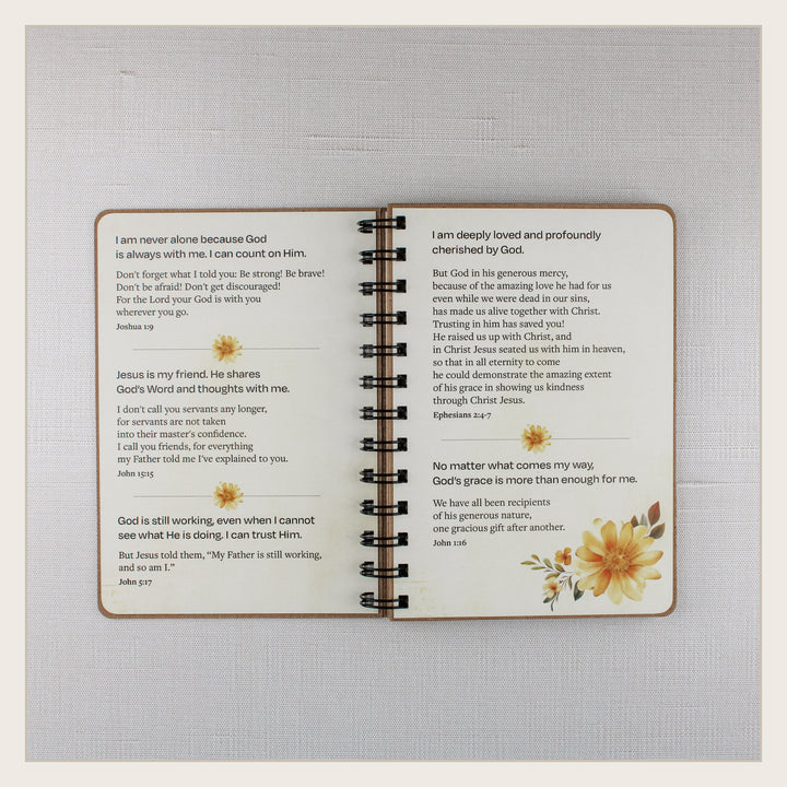 Open Christian affirmation book with Scripture about God’s presence, love, grace, friendship, and faithfulness.