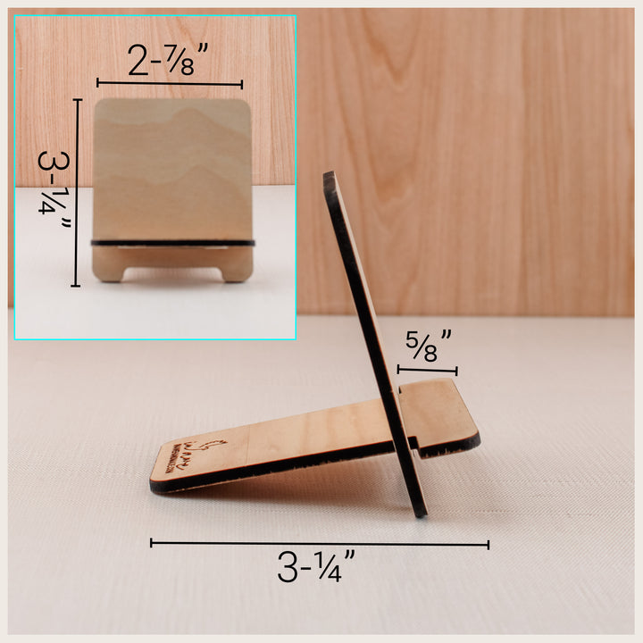 Wood easel dimensions: 2⅞ inches wide,  3¼ inches tall, 3¼ inches deep, with a ⅝-inch-deep display ledge.