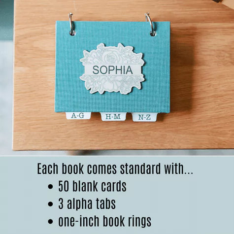 password book includes 50 blank cards, 3 alpha tabs and 1" book rings.