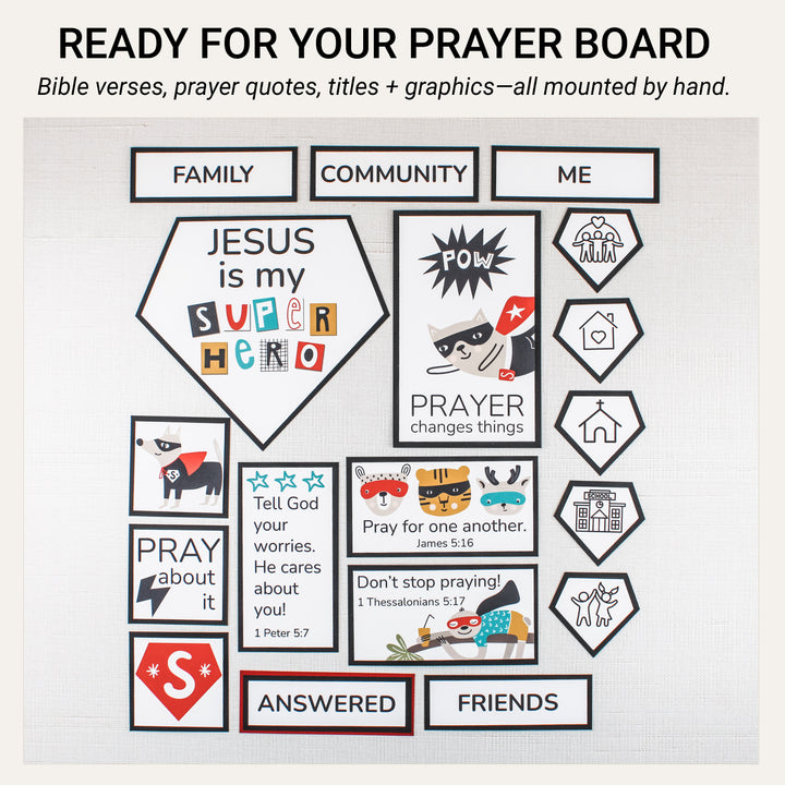 Eighteen matted prayer board pieces featuring superhero animals, Bible verse text, prayer sayings, five category labels, and picture icons.