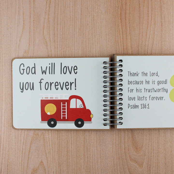 Blue background with firetruck and text 'God will love you forever' on one page and Psalm 136:1 on facing page.