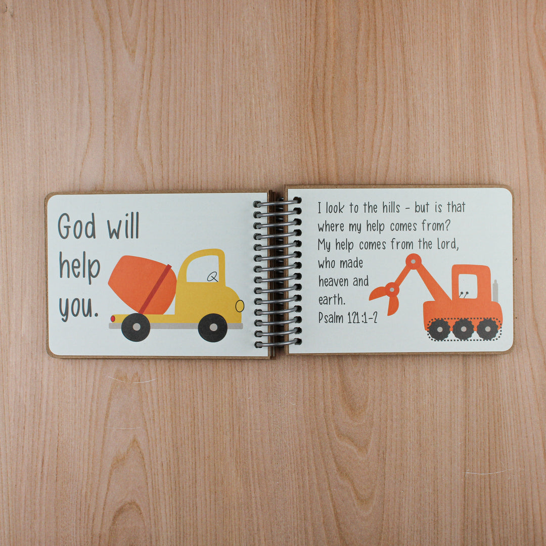 Blue background with concrete truck and excavator. Text says 'God will help you' and Psalm 121:1-2 on facing page.